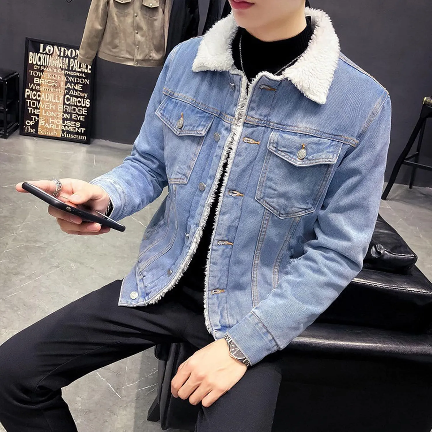 HangNiFang Men's Fleece Jean Jacket Winter Sherpa Fleece Lined Denim Trucker Jacket