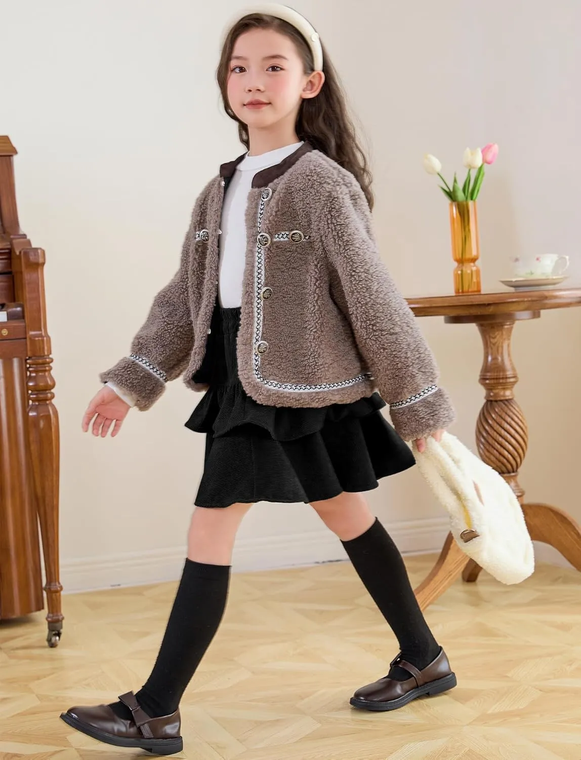 Happy Cherry Girls Corduroy Skirt Pleated Mini Skirt Fall Double Layer Skater Skorts Ruffle Skirts 3-12 Years