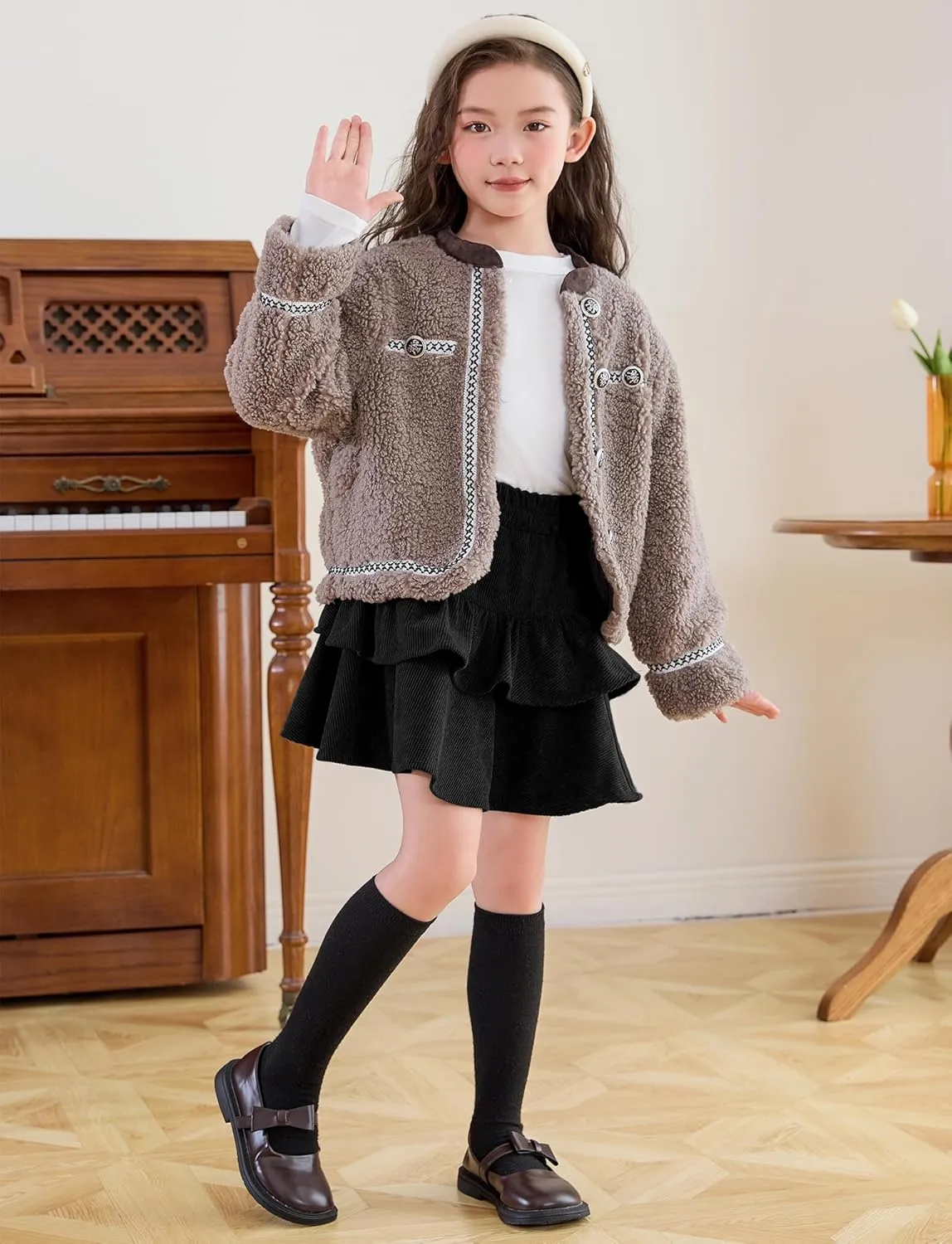 Happy Cherry Girls Corduroy Skirt Pleated Mini Skirt Fall Double Layer Skater Skorts Ruffle Skirts 3-12 Years