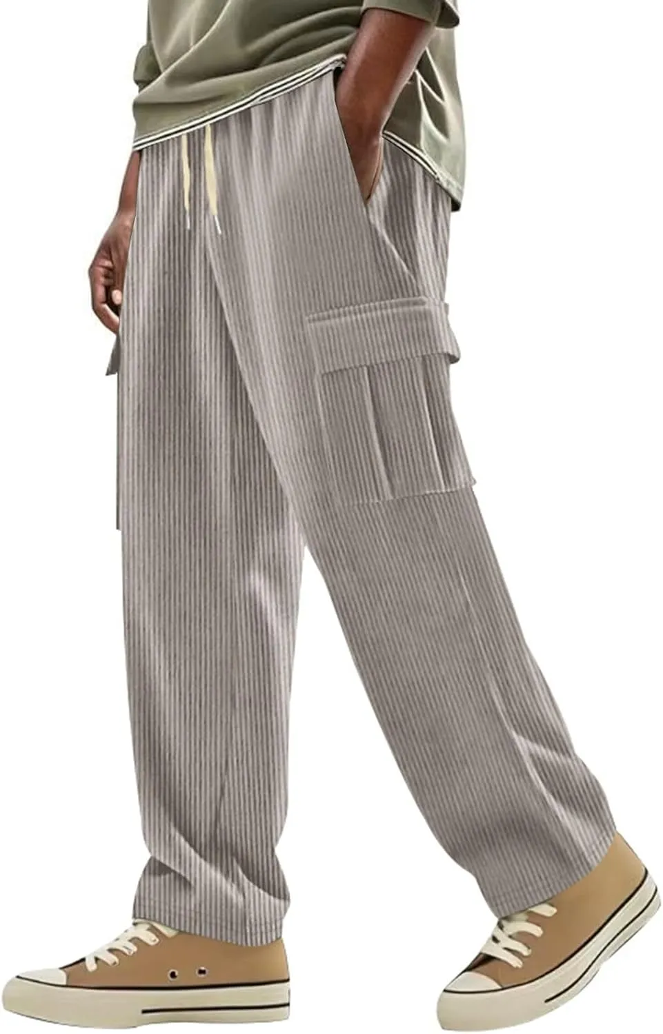 Heavyweight Corduroy Cargo Pants for Men Elastic Waisted Stretch Casual Sweatpants Wide Straight Leg Joggers with Pockets