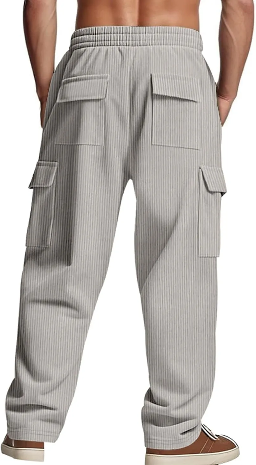 Heavyweight Corduroy Cargo Pants for Men Elastic Waisted Stretch Casual Sweatpants Wide Straight Leg Joggers with Pockets