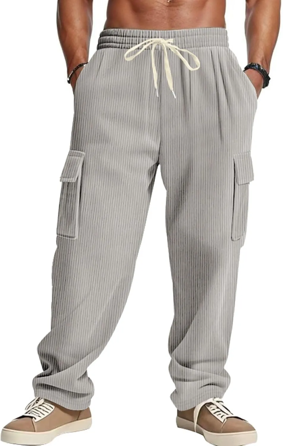 Heavyweight Corduroy Cargo Pants for Men Elastic Waisted Stretch Casual Sweatpants Wide Straight Leg Joggers with Pockets