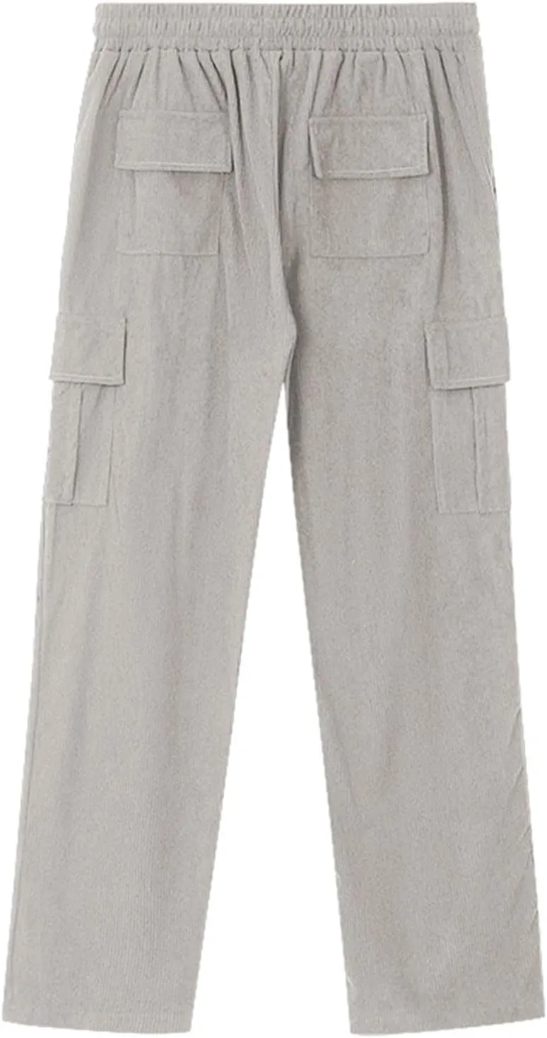 Heavyweight Corduroy Cargo Pants for Men Elastic Waisted Stretch Casual Sweatpants Wide Straight Leg Joggers with Pockets