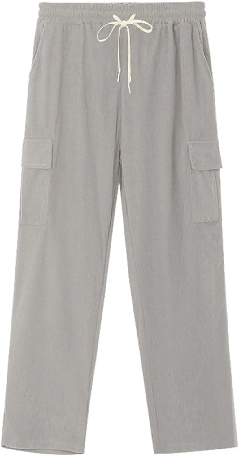 Heavyweight Corduroy Cargo Pants for Men Elastic Waisted Stretch Casual Sweatpants Wide Straight Leg Joggers with Pockets