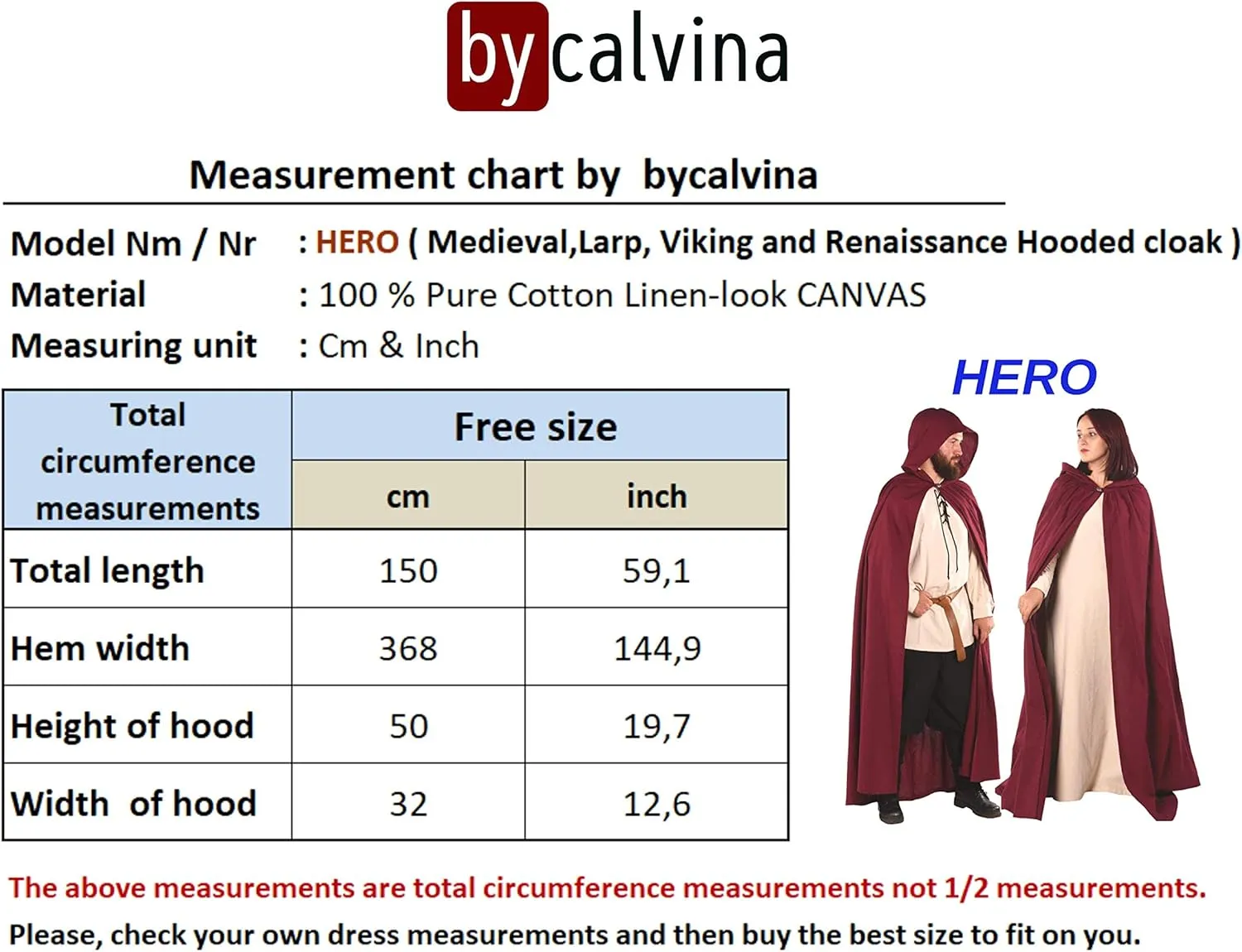 Hero Medieval Hooded Cape by CALVINA Costumes  Unisex - Made in Turkey