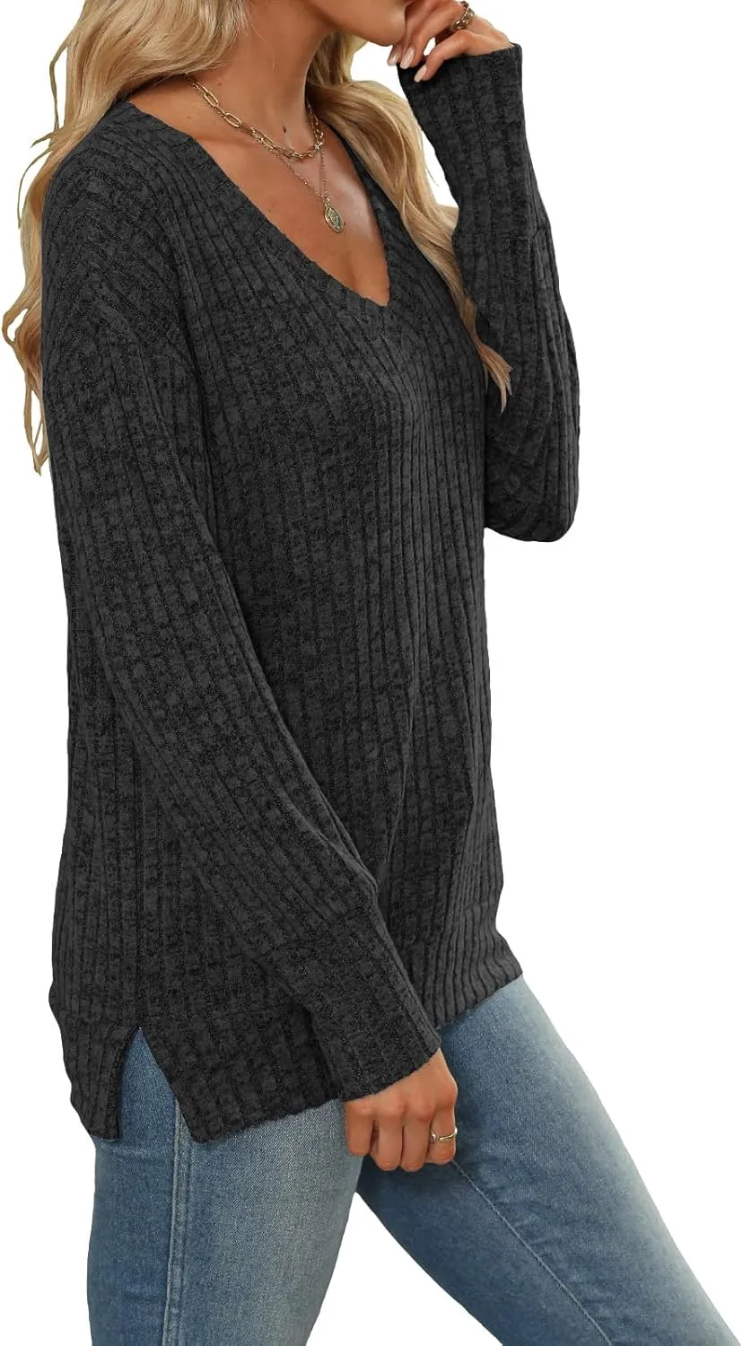 Heymiss Womens Sweatshirts V Neck Long Sleeve Shirts Loose Casual Fall Fashion Sweaters S-2XL