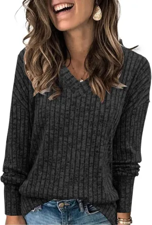 Heymiss Womens Sweatshirts V Neck Long Sleeve Shirts Loose Casual Fall Fashion Sweaters S-2XL
