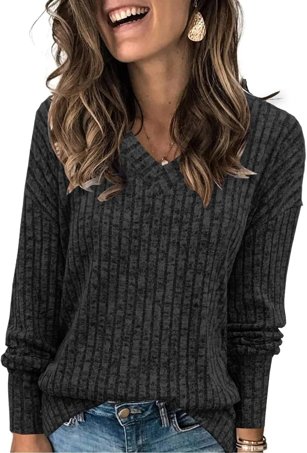 Heymiss Womens Sweatshirts V Neck Long Sleeve Shirts Loose Casual Fall Fashion Sweaters S-2XL