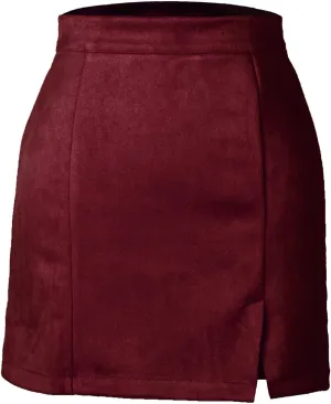 High Waisted Skirt for Women Faux Suede Side Split Mini Skirts Bodycon Solid Color Basic A-Line Pencil Short Skirt