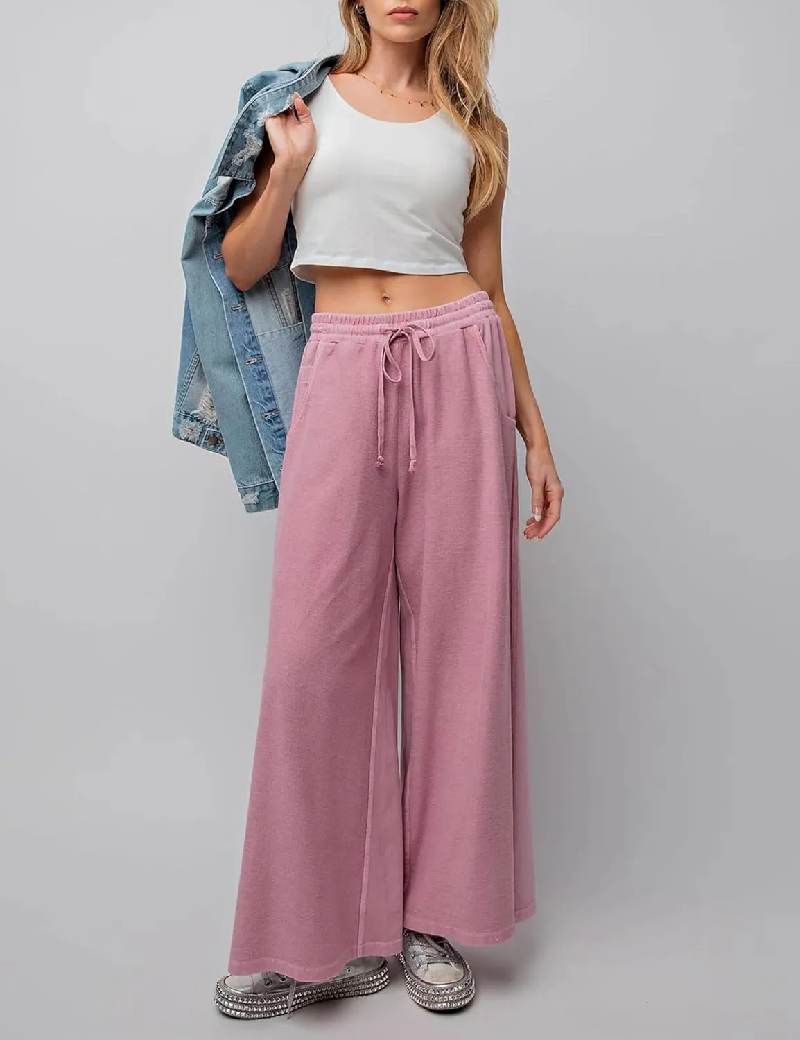 Himosyber Womens Cotton Pants Casual Loose Baggy Wide Leg Pants Drawstring Elastic Waisted Palazzo Lounge Pants with Pockets