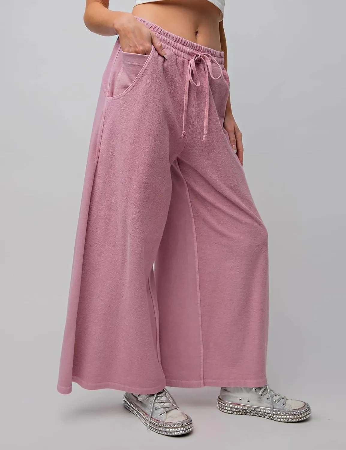 Himosyber Womens Cotton Pants Casual Loose Baggy Wide Leg Pants Drawstring Elastic Waisted Palazzo Lounge Pants with Pockets