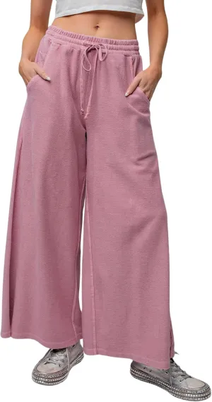 Himosyber Womens Cotton Pants Casual Loose Baggy Wide Leg Pants Drawstring Elastic Waisted Palazzo Lounge Pants with Pockets