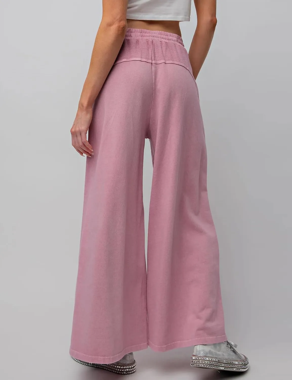 Himosyber Womens Cotton Pants Casual Loose Baggy Wide Leg Pants Drawstring Elastic Waisted Palazzo Lounge Pants with Pockets