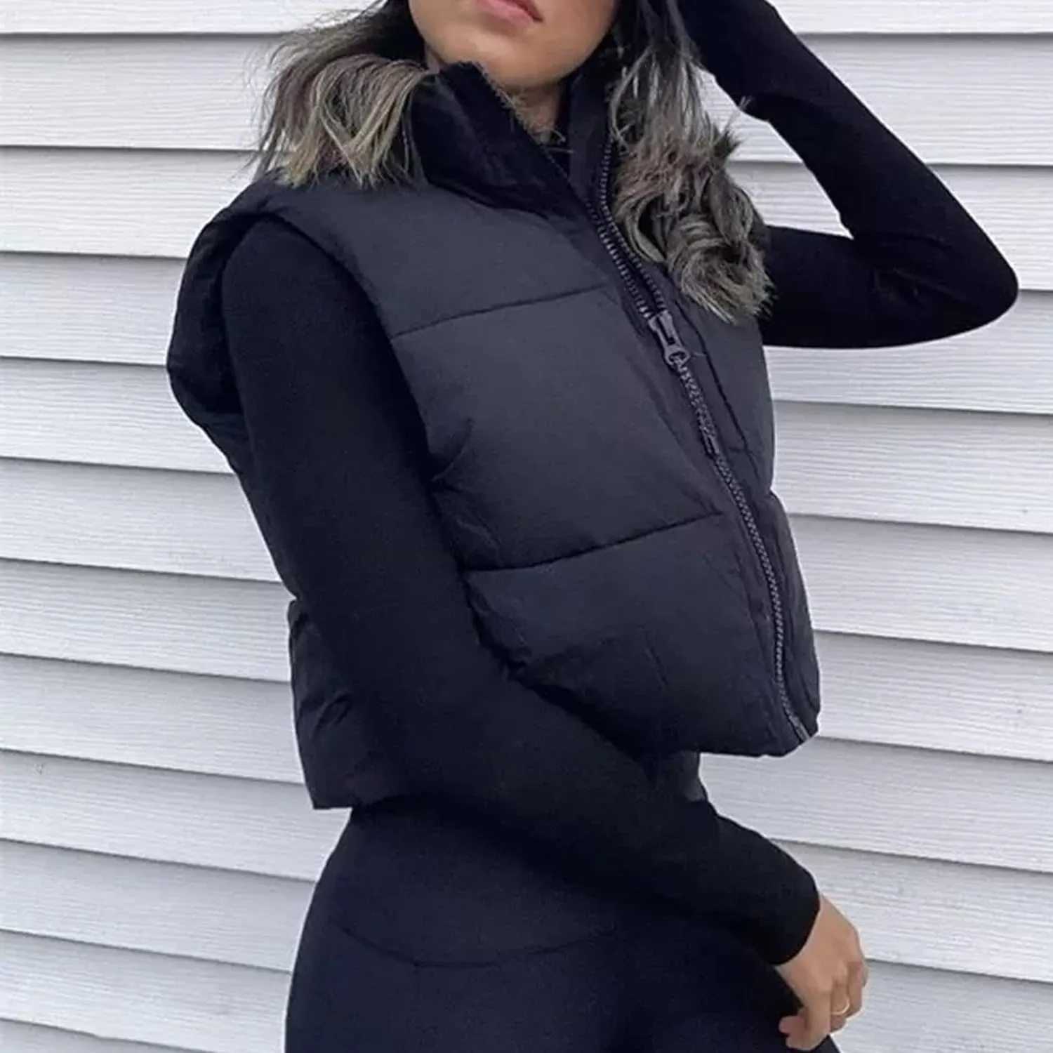 Hixiaohe Women's Winter Crop Vest Puffer Lightweight Stand Collar Padded Vest Zip Up Sleeveless Jacket
