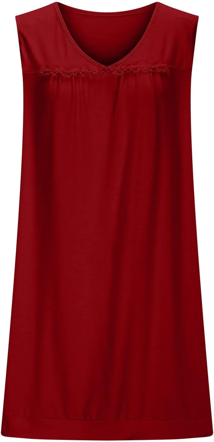 hlysgo Women Nightgowns Dress Summer Casual Sleeveless V Neck Sleep Shirts Sundress Lace Night Shirts Mini Sleep Dress S-2XL
