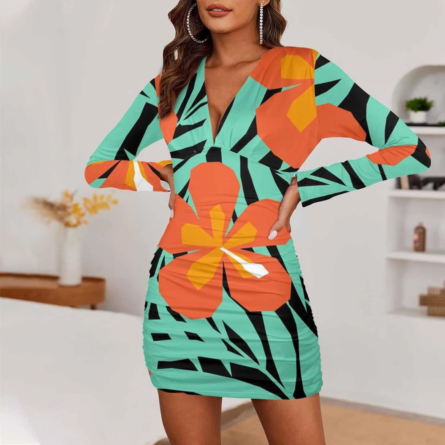 Homecoming Dresses 2024 Tropical Palm Leaves and Flower Women's Bodycon Dresses Printed Long Party Club Dress