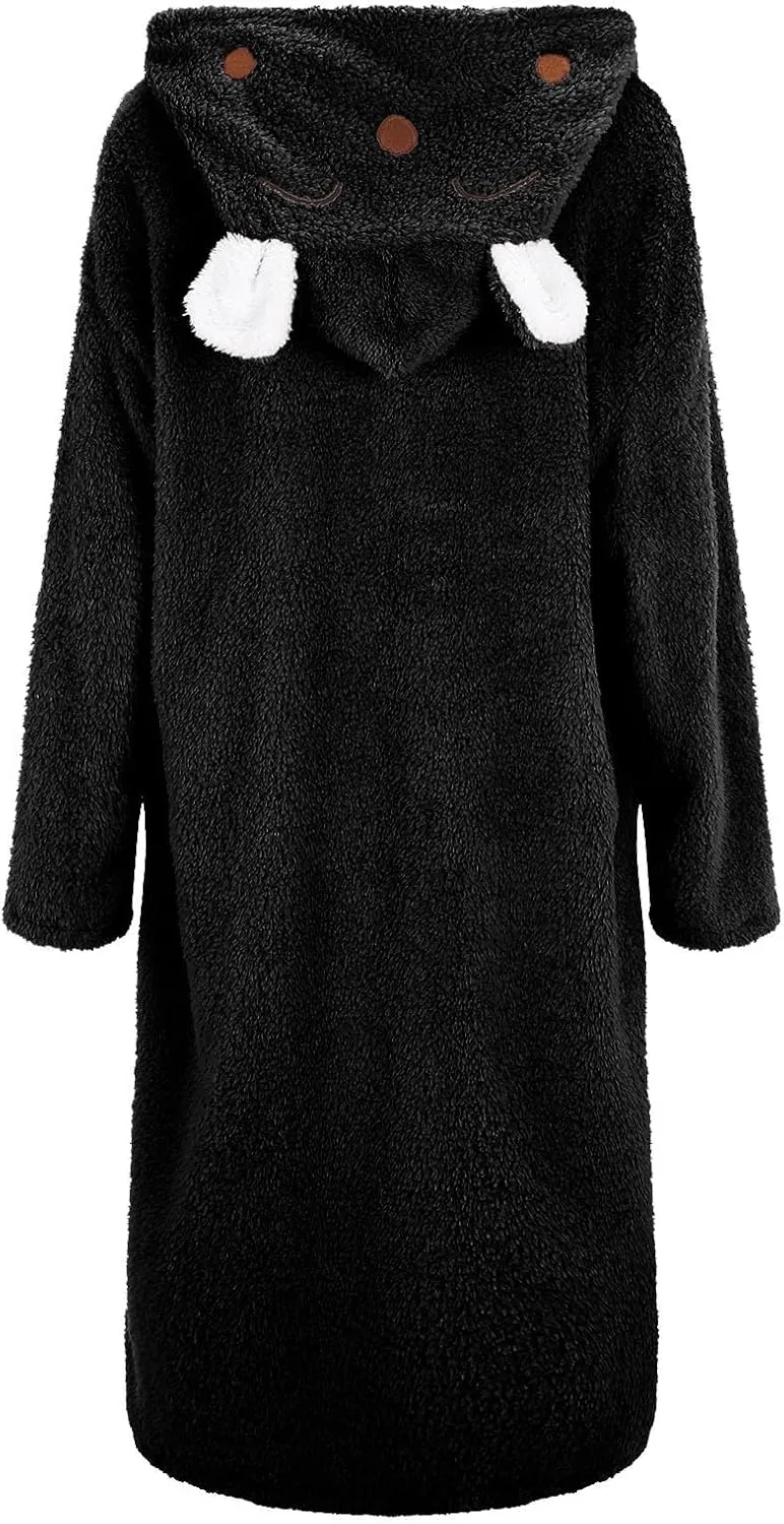Hooded Fleece Plush Long Robe for Women Cozy Warm Terry Cloth Bathrobe Shower Knee Length House Robe with Pockets