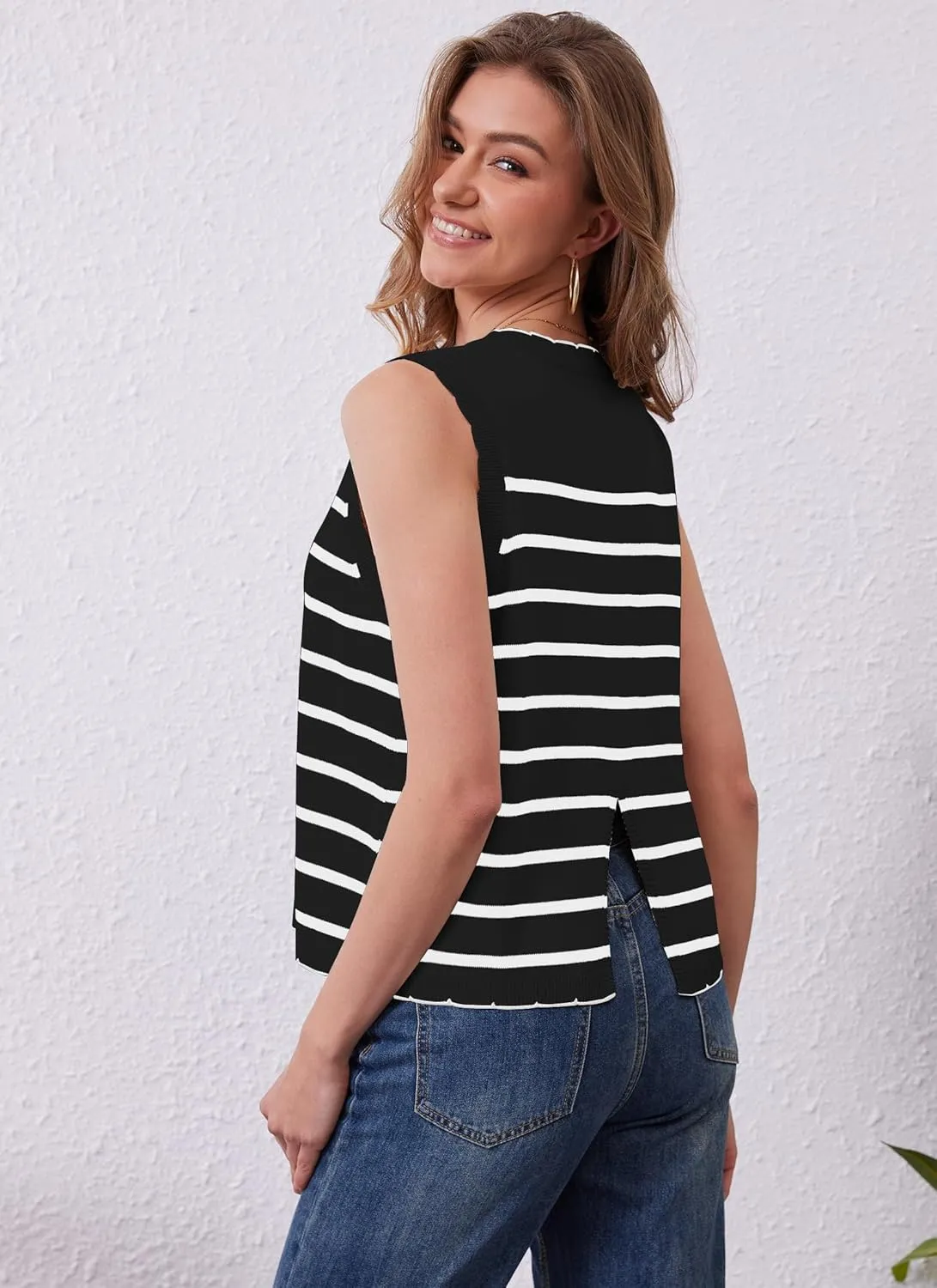HVT Vest Tops for Women V Neck Striped Sweater Vests 2025 Summer Vacation Button Up Outfits Spring Tops