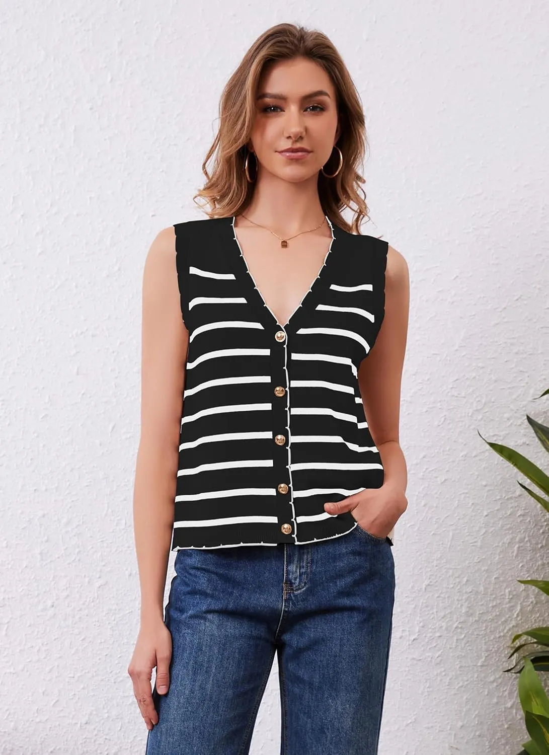 HVT Vest Tops for Women V Neck Striped Sweater Vests 2025 Summer Vacation Button Up Outfits Spring Tops