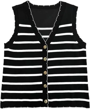 HVT Vest Tops for Women V Neck Striped Sweater Vests 2025 Summer Vacation Button Up Outfits Spring Tops