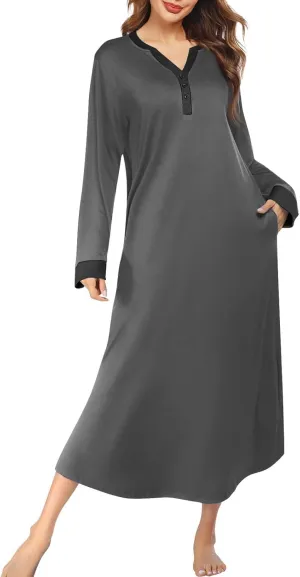 HXHYQKP Long Sleeve Nightgowns for Women Nightgown Sleep Shirts Oversized Sleep Dress Long Soft Housecoat with Pockets