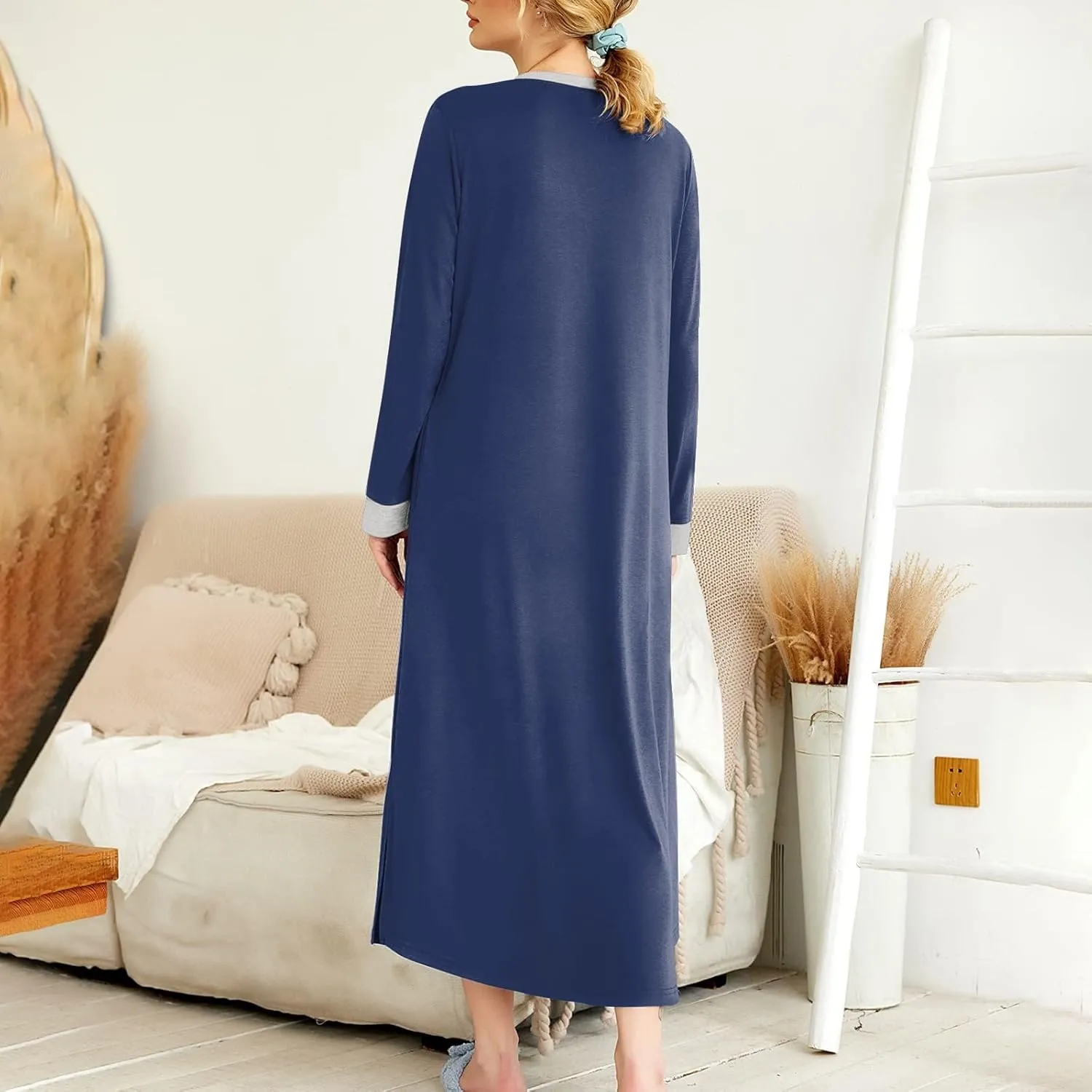 HXHYQKP Long Sleeve Nightgowns for Women Nightgown Sleep Shirts Oversized Sleep Dress Long Soft Housecoat with Pockets