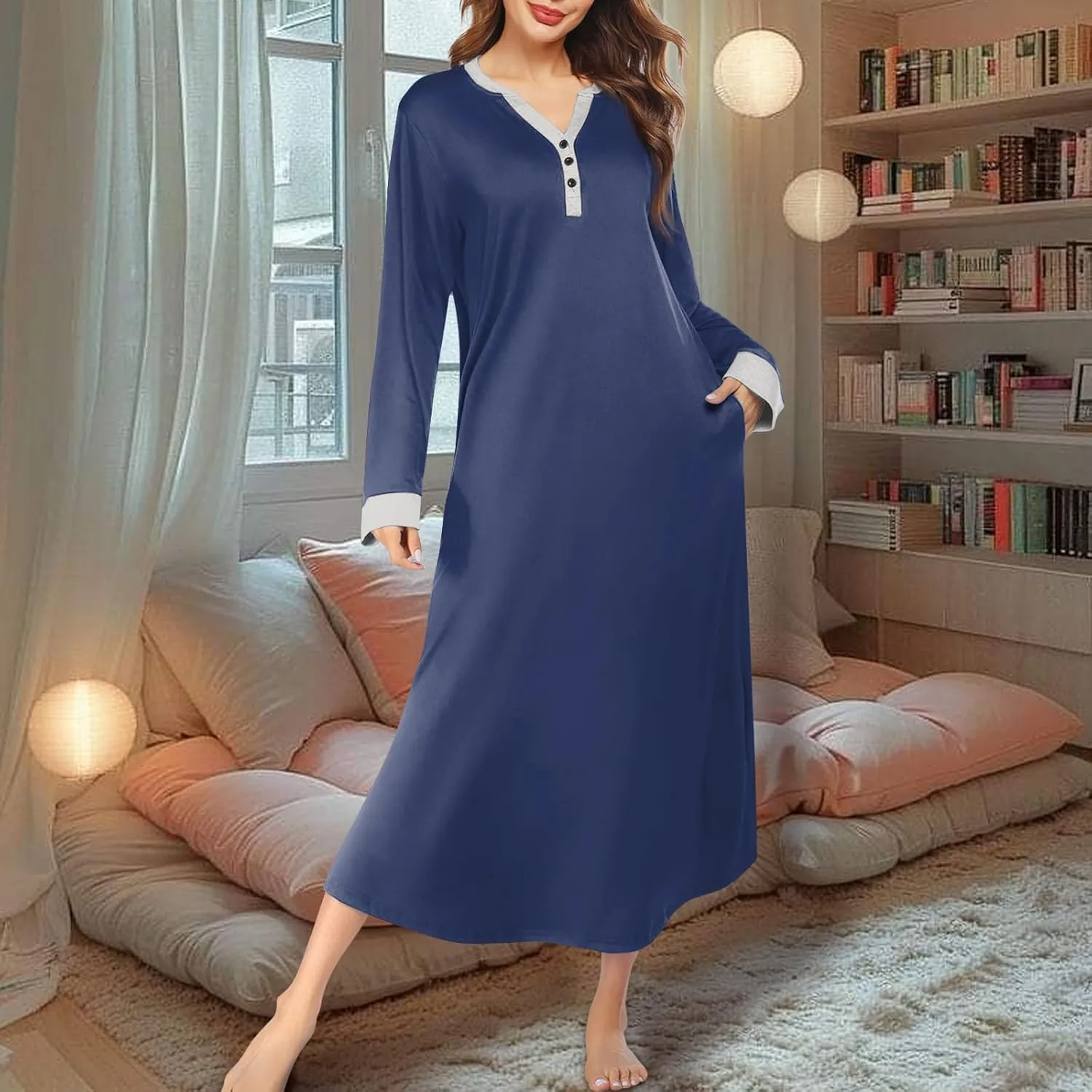 HXHYQKP Long Sleeve Nightgowns for Women Nightgown Sleep Shirts Oversized Sleep Dress Long Soft Housecoat with Pockets