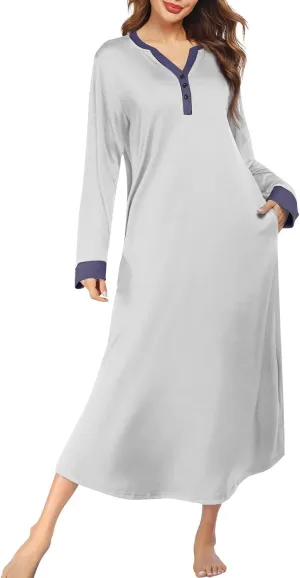 HXHYQKP Long Sleeve Nightgowns for Women Nightgown Sleep Shirts Oversized Sleep Dress Long Soft Housecoat with Pockets