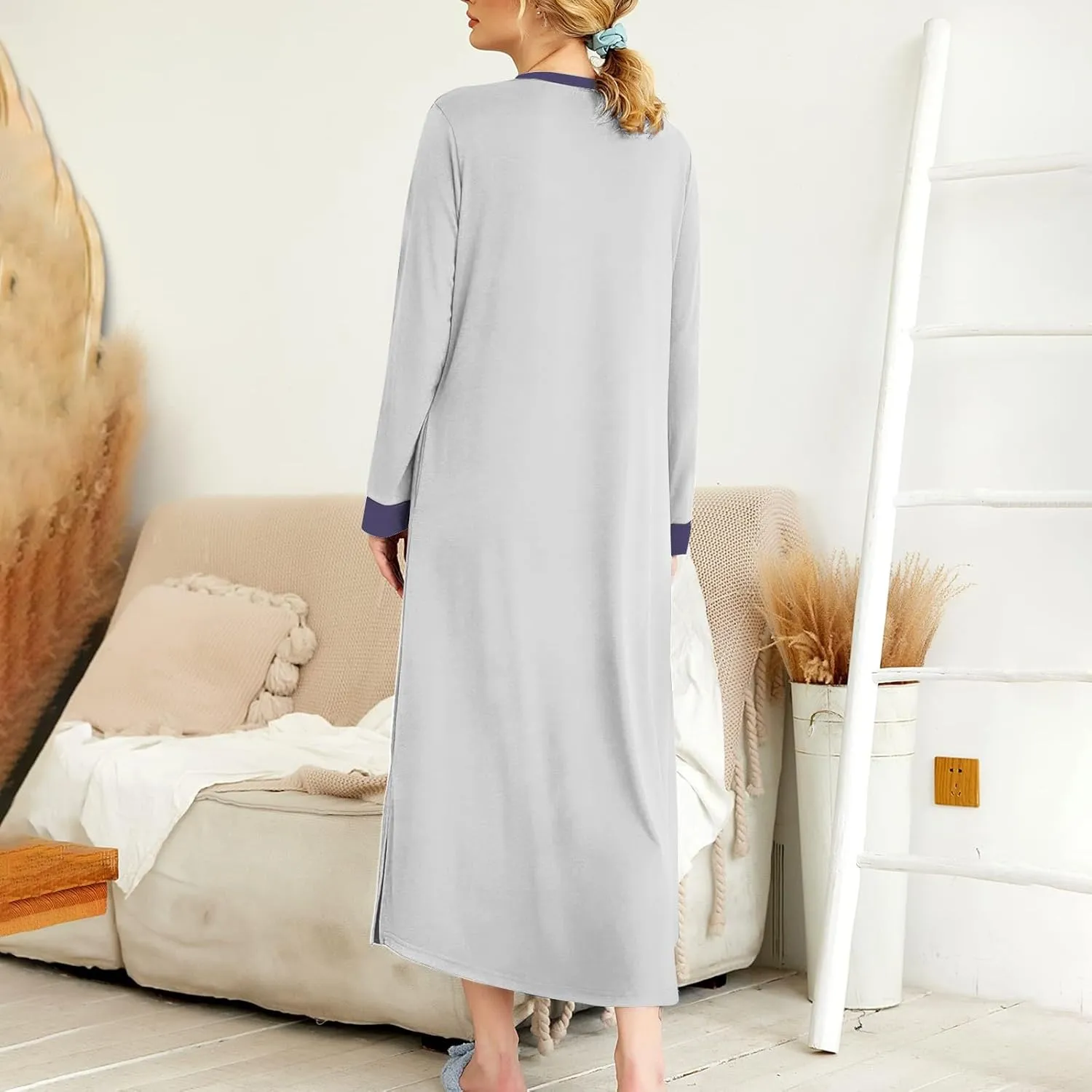 HXHYQKP Long Sleeve Nightgowns for Women Nightgown Sleep Shirts Oversized Sleep Dress Long Soft Housecoat with Pockets