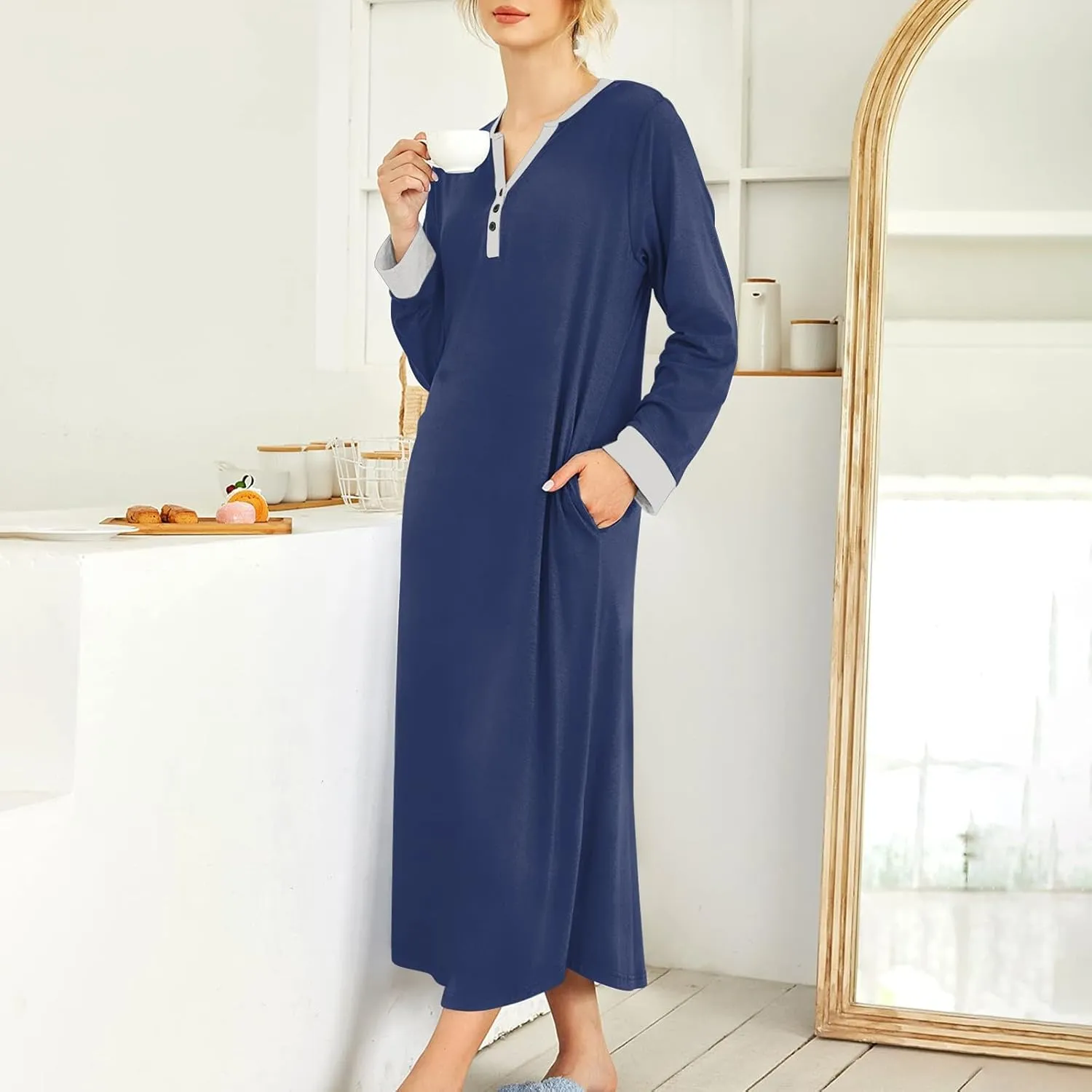 HXHYQKP Long Sleeve Nightgowns for Women Nightgown Sleep Shirts Oversized Sleep Dress Long Soft Housecoat with Pockets