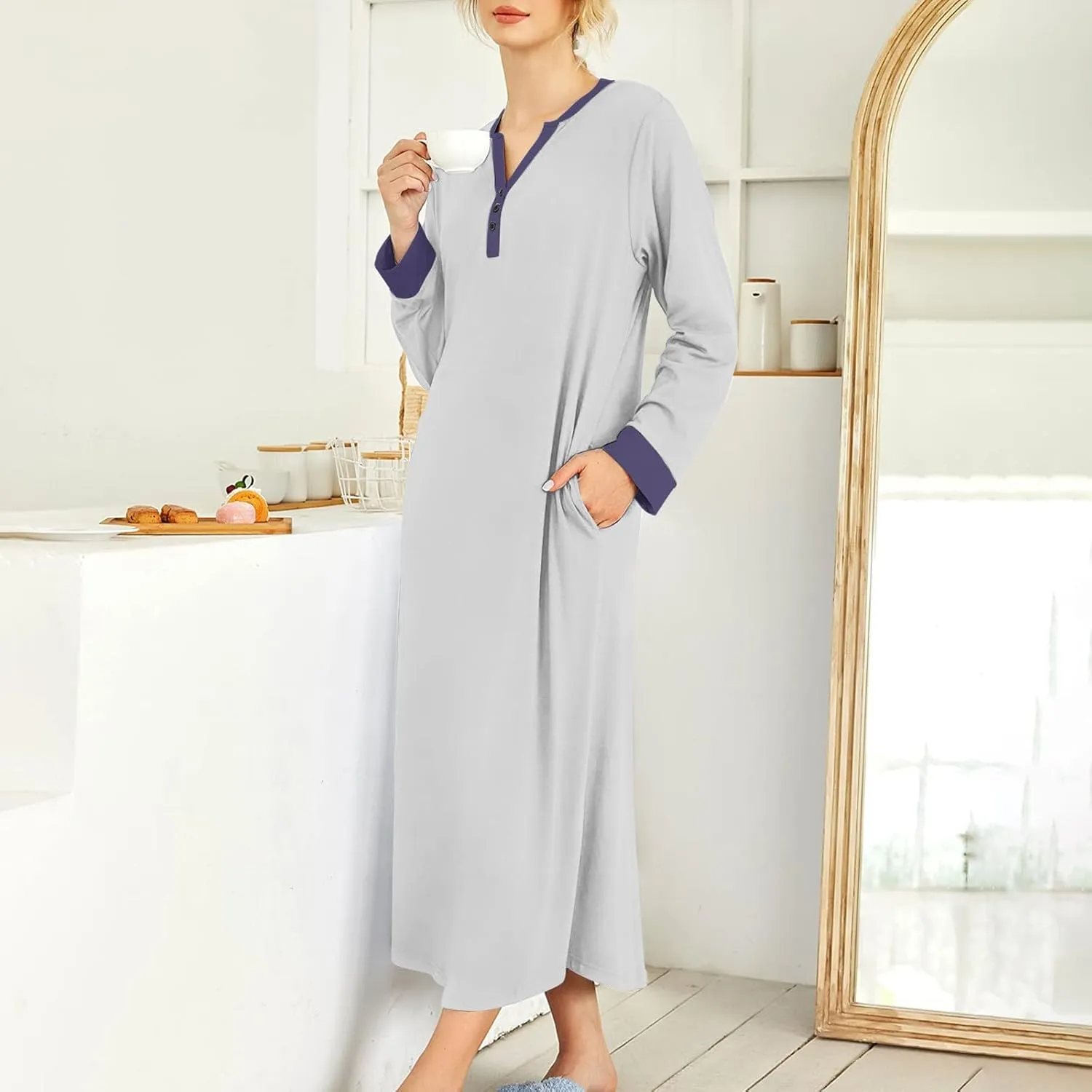 HXHYQKP Long Sleeve Nightgowns for Women Nightgown Sleep Shirts Oversized Sleep Dress Long Soft Housecoat with Pockets