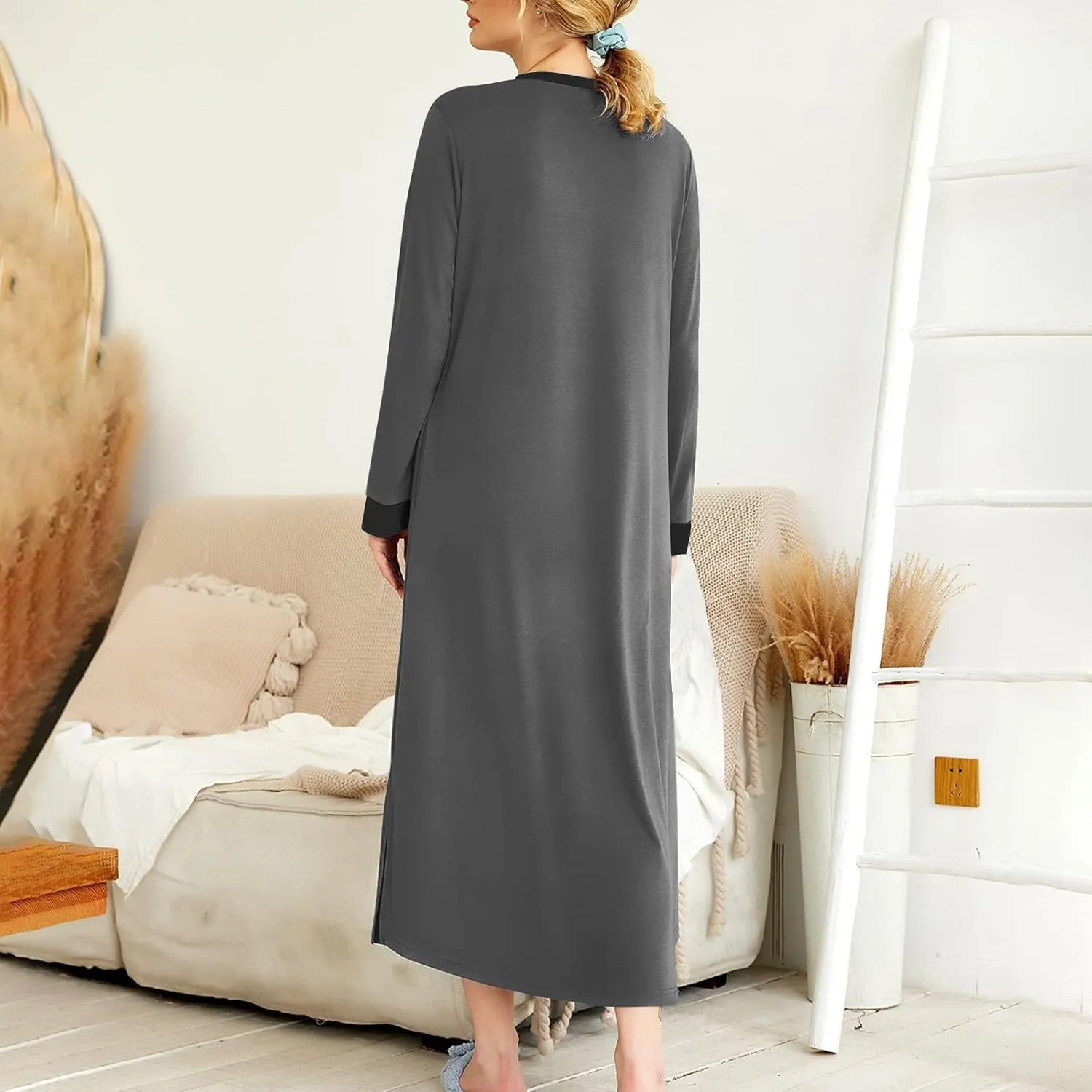 HXHYQKP Long Sleeve Nightgowns for Women Nightgown Sleep Shirts Oversized Sleep Dress Long Soft Housecoat with Pockets