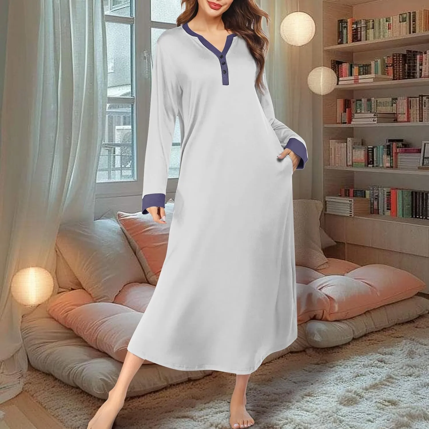 HXHYQKP Long Sleeve Nightgowns for Women Nightgown Sleep Shirts Oversized Sleep Dress Long Soft Housecoat with Pockets