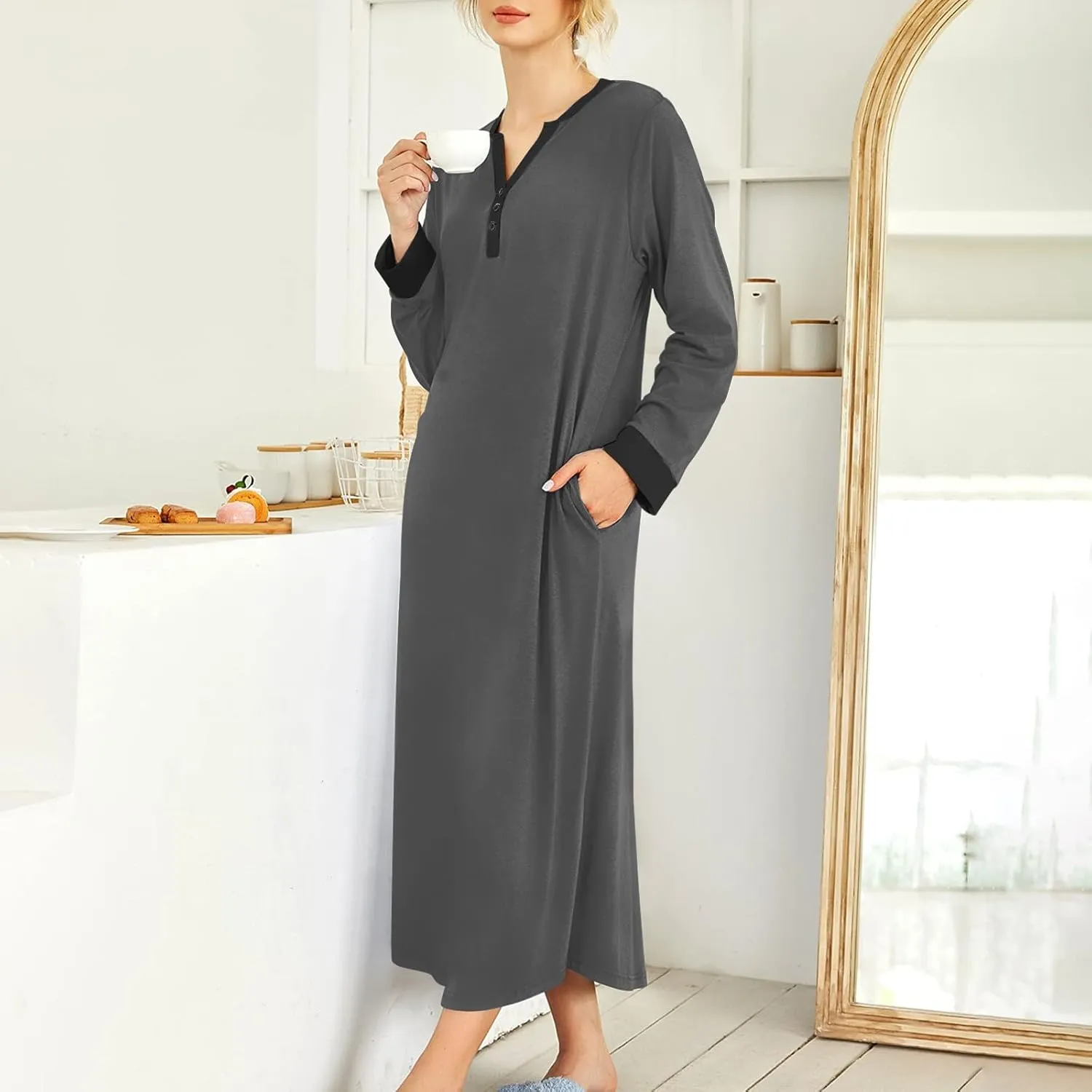 HXHYQKP Long Sleeve Nightgowns for Women Nightgown Sleep Shirts Oversized Sleep Dress Long Soft Housecoat with Pockets