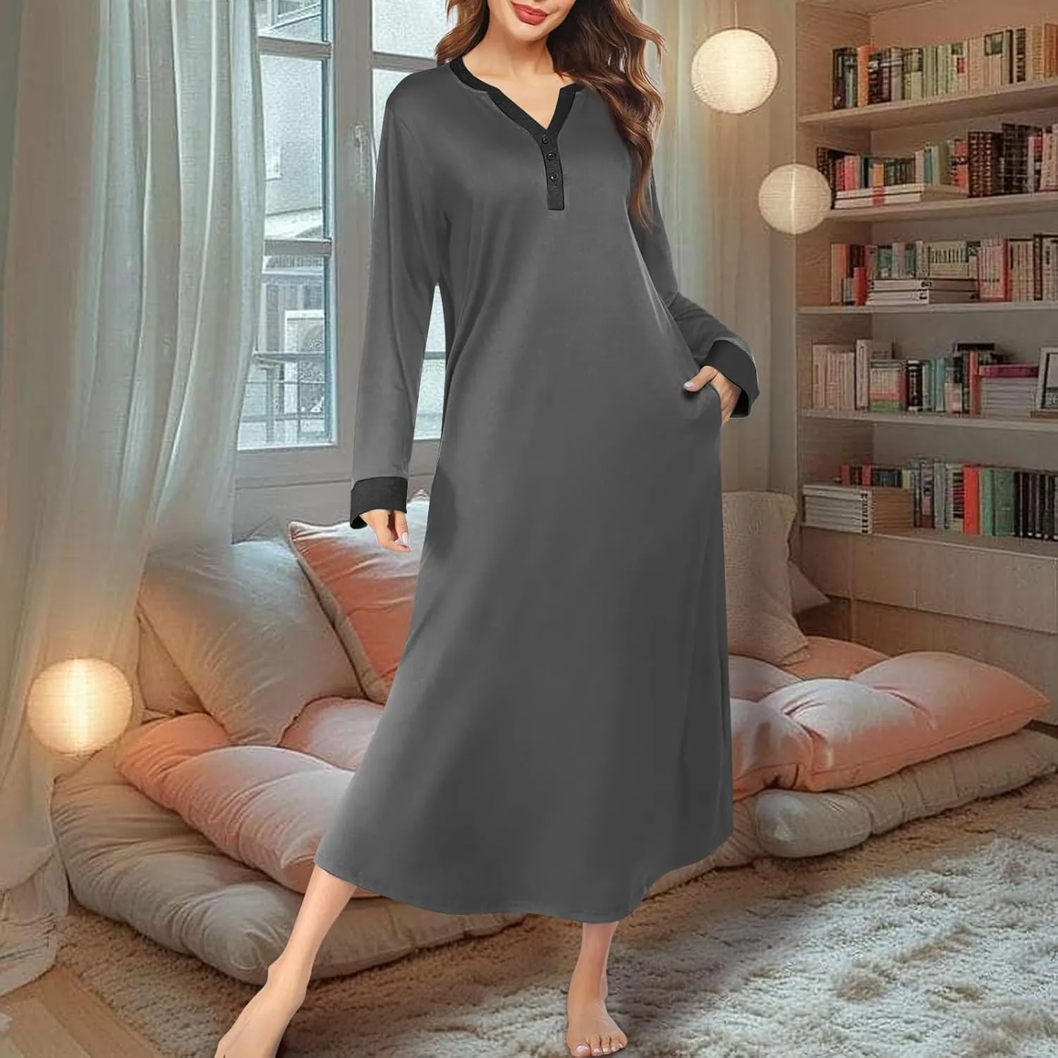 HXHYQKP Long Sleeve Nightgowns for Women Nightgown Sleep Shirts Oversized Sleep Dress Long Soft Housecoat with Pockets