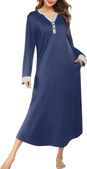HXHYQKP Long Sleeve Nightgowns for Women Nightgown Sleep Shirts Oversized Sleep Dress Long Soft Housecoat with Pockets