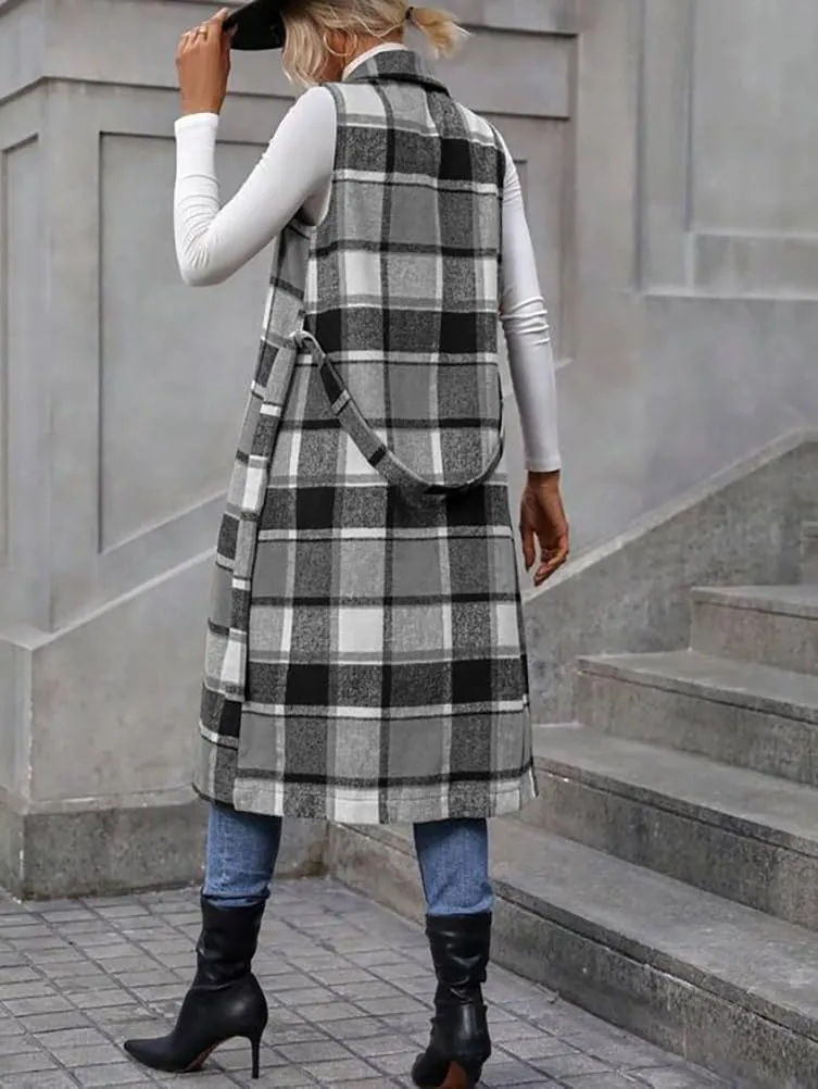 IDEALSANXUN Womens Long Plaid Vest Fall Winter Sleeveless Blazer Jackets Open Front Cardigan