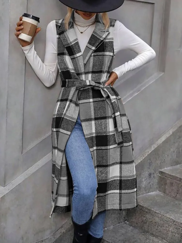 IDEALSANXUN Womens Long Plaid Vest Fall Winter Sleeveless Blazer Jackets Open Front Cardigan