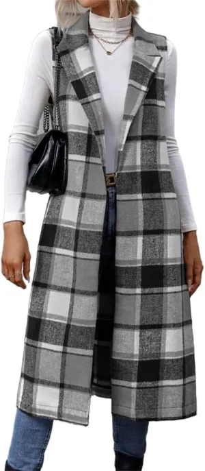 IDEALSANXUN Womens Long Plaid Vest Fall Winter Sleeveless Blazer Jackets Open Front Cardigan