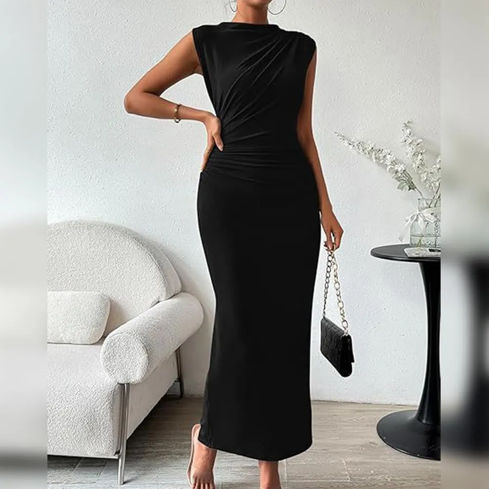 IDOPIP Women Formal Mock Neck Ruched Bodycon Dress Elegant Sleeveless Maxi Dress Prom Cocktail Party Wedding Guest Outfit