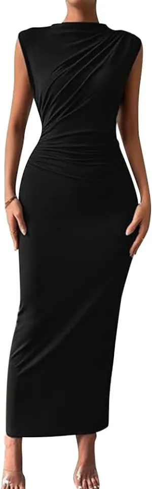 IDOPIP Women Formal Mock Neck Ruched Bodycon Dress Elegant Sleeveless Maxi Dress Prom Cocktail Party Wedding Guest Outfit