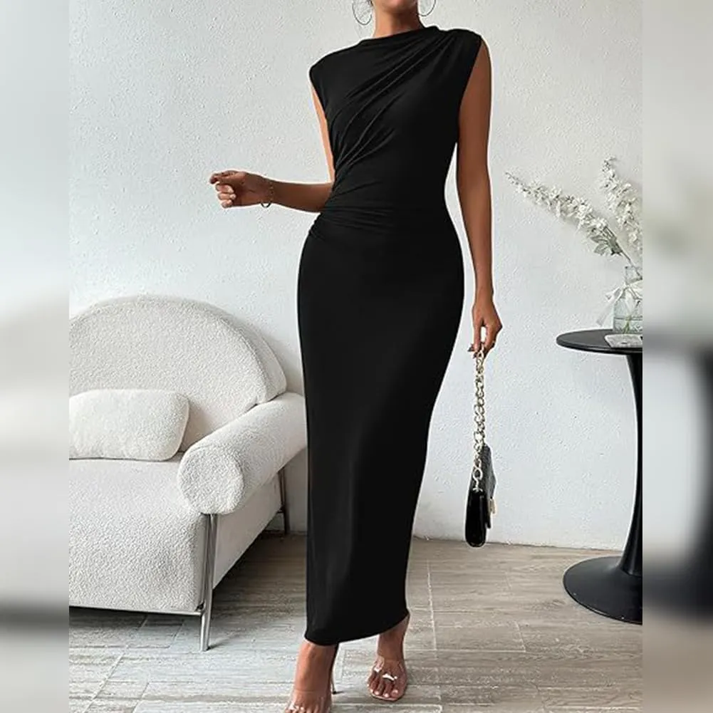 IDOPIP Women Formal Mock Neck Ruched Bodycon Dress Elegant Sleeveless Maxi Dress Prom Cocktail Party Wedding Guest Outfit