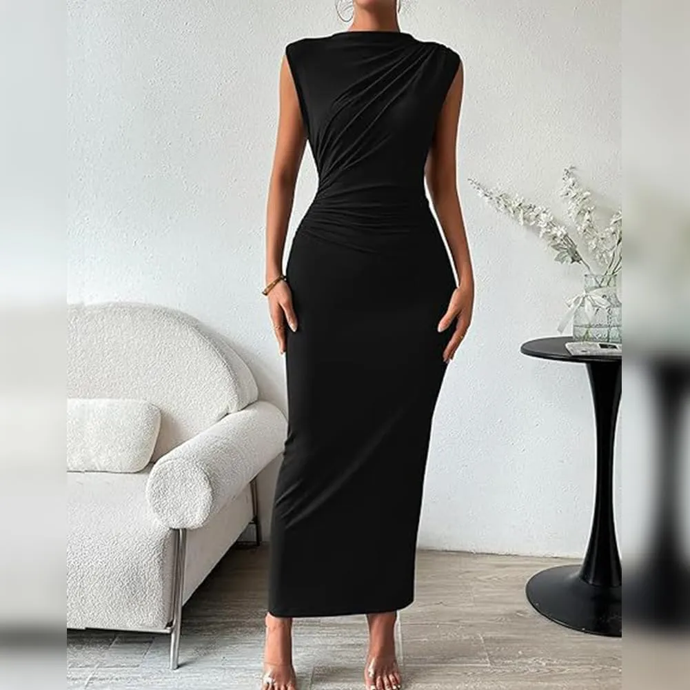 IDOPIP Women Formal Mock Neck Ruched Bodycon Dress Elegant Sleeveless Maxi Dress Prom Cocktail Party Wedding Guest Outfit