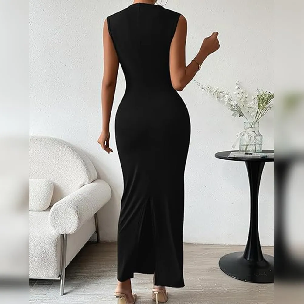 IDOPIP Women Formal Mock Neck Ruched Bodycon Dress Elegant Sleeveless Maxi Dress Prom Cocktail Party Wedding Guest Outfit