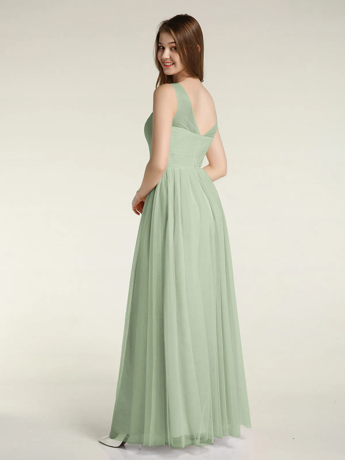 Illusion Neck Cross Tulle Bridesmaid Dresses-Dusty Sage