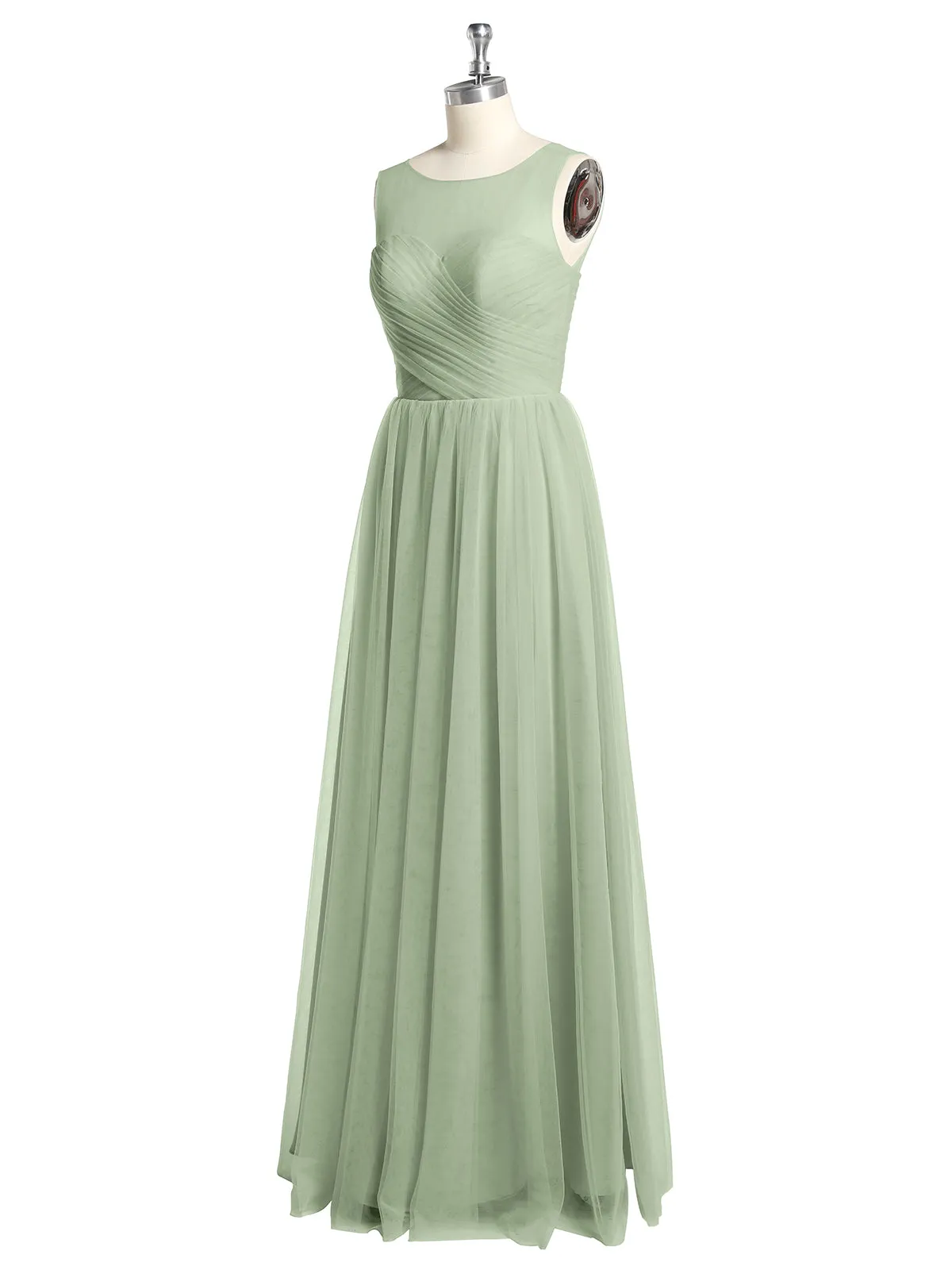 Illusion Neck Cross Tulle Bridesmaid Dresses-Dusty Sage