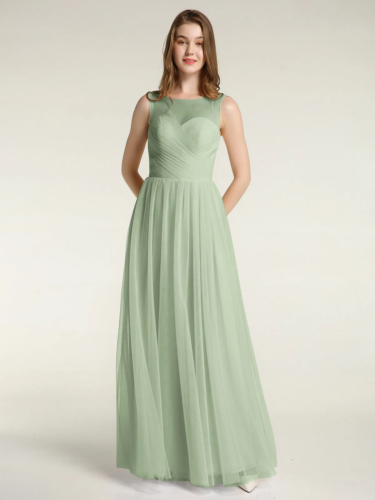 Illusion Neck Cross Tulle Bridesmaid Dresses-Dusty Sage