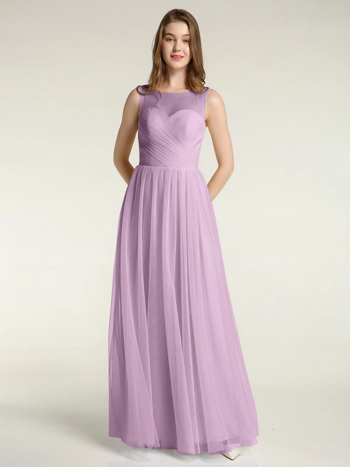 Illusion Neck Cross Tulle Bridesmaid Dresses-Wisteria