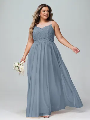 Illusion Neckline Lace and Tulle Maxi Dress-Dusty Blue Plus Size Illusion Neckline Lace and Tulle Maxi Dress-Dusty Blue Plus Size
