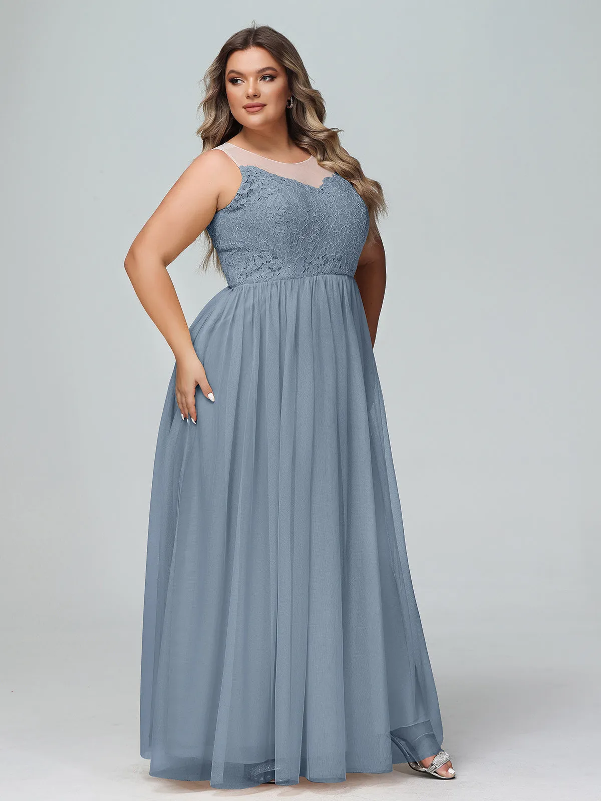 Illusion Neckline Lace and Tulle Maxi Dress-Dusty Blue Plus Size